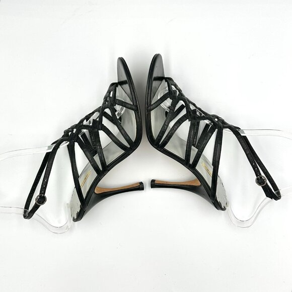 Max Studio Vtg Y2K 2000s Black Leather Artsy Strappy Stiletto Heels - Picture 6 of 9